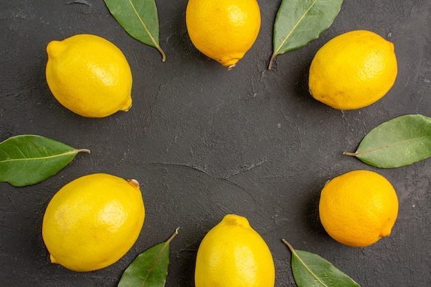 Vista superior de limones amargos frescos forrados en la mesa oscura fruta cítricos limón amarillo