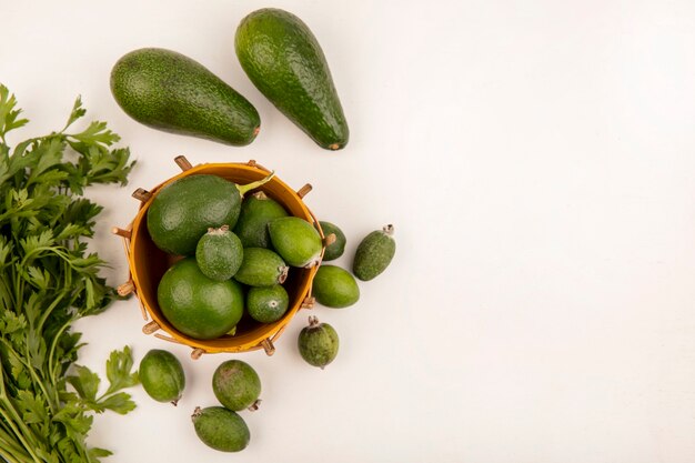 Vista superior de limones verdes frescos en un balde con aguacates feijoas y perejil aislado en una superficie blanca con espacio de copia