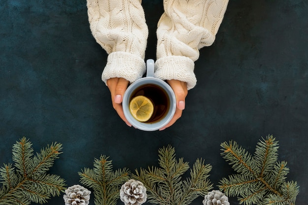 Vista superior linda taza de té de invierno y agujas de pino