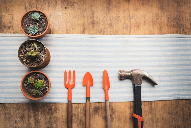 Vista superior macetas con herramientas de jardinería