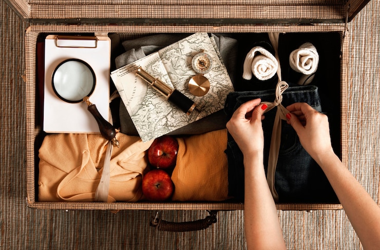 Foto gratuito vista superior maleta vintage con ropa casual