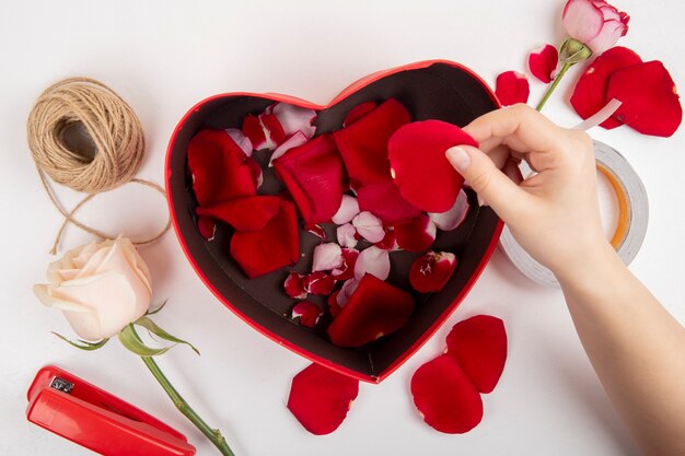 Vista superior de la mano femenina poniendo pétalos de rosas rojas en una caja de regalo en forma de corazón y una grapadora de rosas de color blanco y una cuerda sobre fondo blanco.
