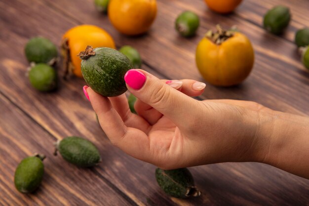 Vista superior de la mano femenina sosteniendo una feijoa dulce tropical con frutos de caqui y feijoas aislado en una pared de madera