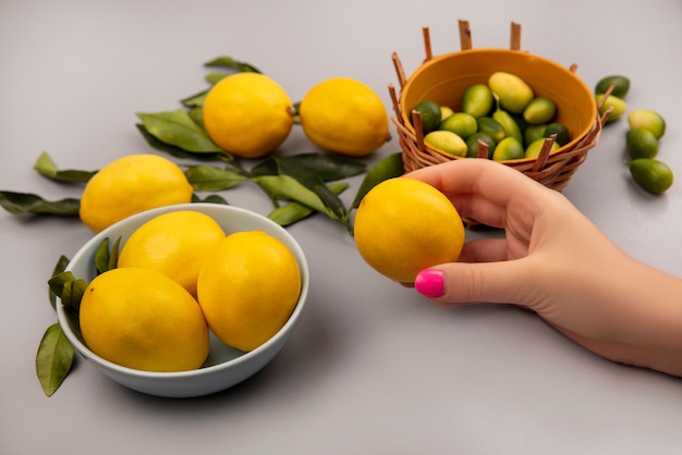 Vista superior de la mano femenina sosteniendo un limón amarillo fresco con limones en un recipiente con hojas con limones aislado en una pared blanca