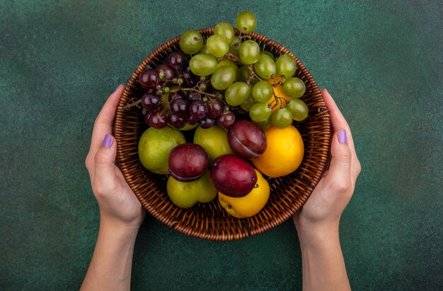 Vista superior de manos femeninas sosteniendo una cesta de frutas como uvas nectacots y pluots sobre fondo verde