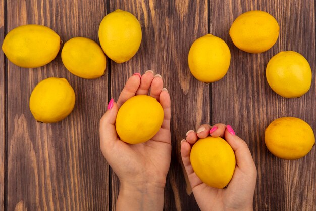 Vista superior de manos femeninas sosteniendo limones frescos con limones aislados en una pared de madera