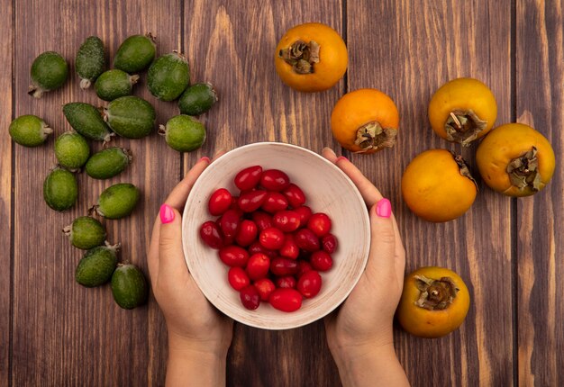 Vista superior de manos femeninas sosteniendo un tazón de cerezas de cornalina con caqui fresco y feijoas aislado sobre un fondo de madera