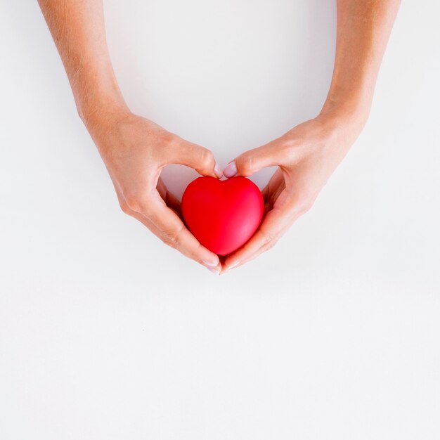 Vista superior de las manos sosteniendo el día mundial del corazón en forma de corazón