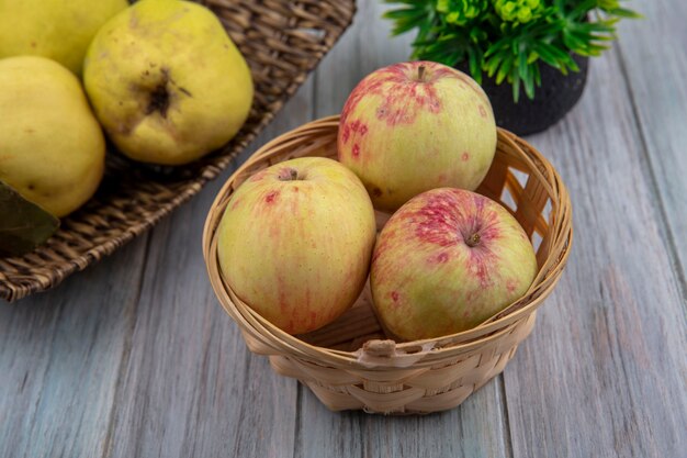 Vista superior de manzanas saludables en un balde con membrillos en una bandeja de mimbre sobre un fondo gris