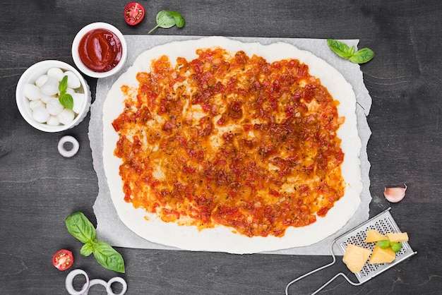 Foto gratuita vista superior masa de pizza con salsa