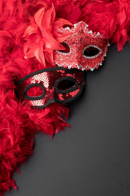 Vista superior de máscaras de carnaval con plumas y espacio de copia