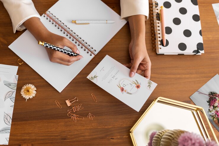 Foto gratuito vista superior mujer trabajando como organizadora de bodas
