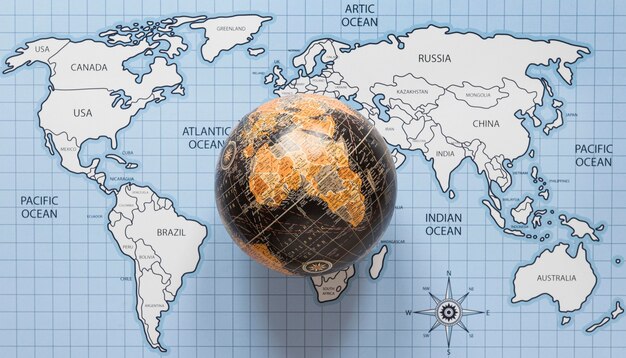 Vista superior del mundo y mapa del mundo.