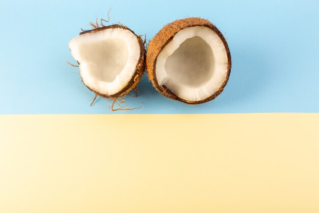 Una vista superior de nueces de coco en rodajas lechosas frescas suaves aisladas en el azul helado y crema