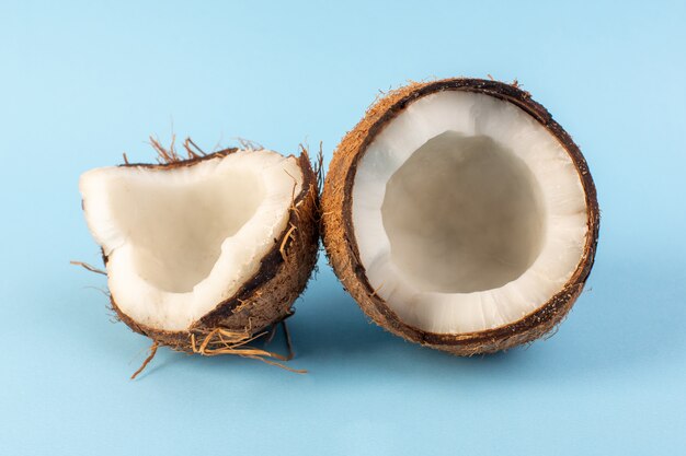 Una vista superior de nueces de coco en rodajas lechosas frescas suaves aisladas en el azul hielo