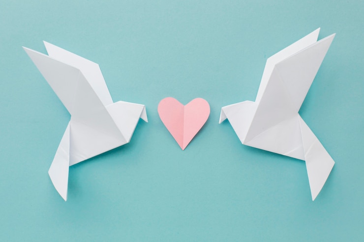 Foto gratuito vista superior de palomas de papel con corazón