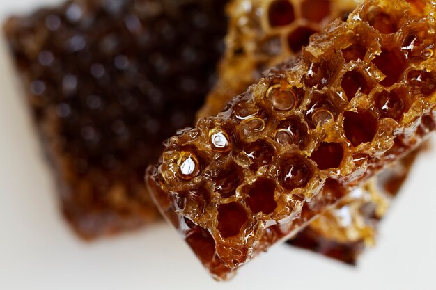 Vista superior del panal con cera de abejas y miel.