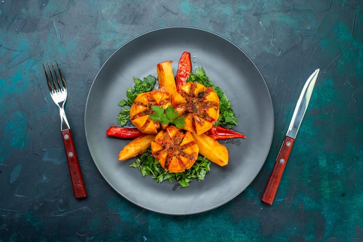 Foto gratuito vista superior de papas al horno con carne picada y verduras dentro de la placa en el escritorio azul oscuro.