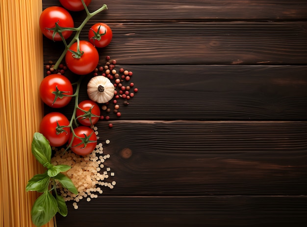 Vista superior de pasta cruda y tomates