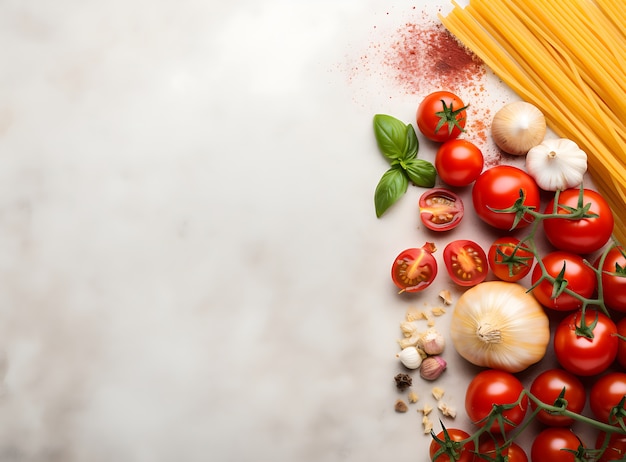 Vista superior de pasta cruda y tomates