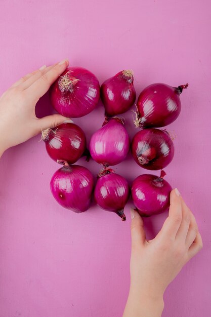 Vista superior del patrón de cebollas con manos de mujer sosteniendo cebollas sobre fondo morado con espacio de copia