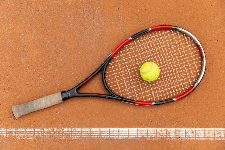 Foto gratuito vista superior pelota de tenis con raqueta en el suelo