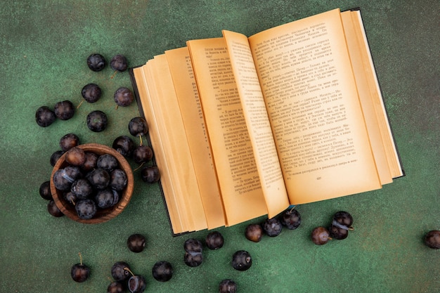 Vista superior de las pequeñas endrinas de fruta amarga azul-negra en un cuenco de madera con endrinas aislado sobre un fondo verde