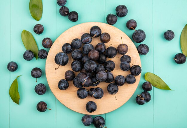 Vista superior de las pequeñas endrinas de fruta amarga negruzca sobre una tabla de cocina de madera sobre un fondo azul.