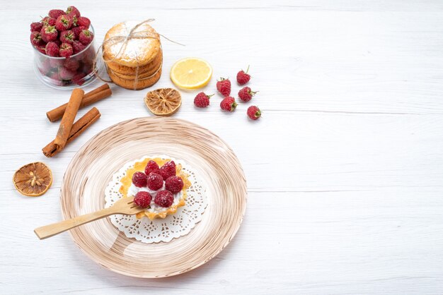 Vista superior del pequeño pastel con crema y frambuesas junto con galletas de sándwich de canela en un escritorio de luz, baya de frutas pastel de galletas dulces