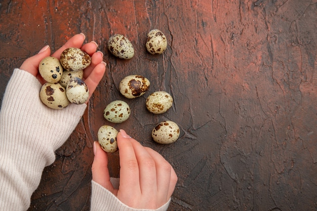 Foto gratuita vista superior de pequeños huevos de codorniz en la mesa oscura en mano femenina