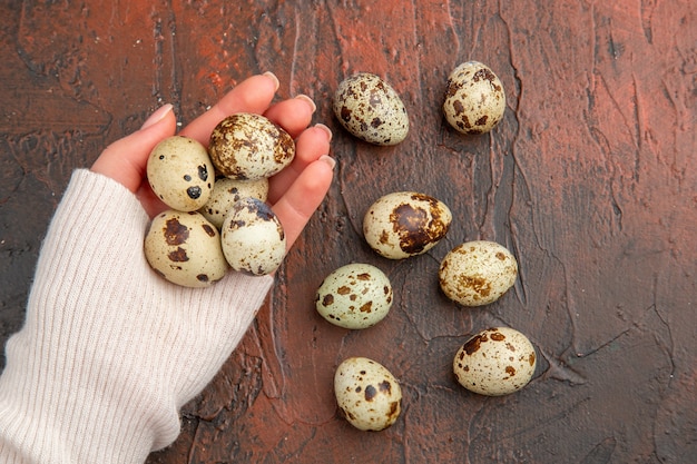 Foto gratuita vista superior de pequeños huevos de codorniz en mesa oscura