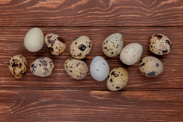 Vista superior de pequeños huevos de codorniz múltiples frescos aislados sobre un fondo de madera