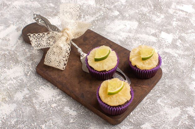 Vista superior de pequeños pasteles de chocolate con limones frescos en rodajas sobre el fondo claro pastel galleta azúcar dulce masa para hornear