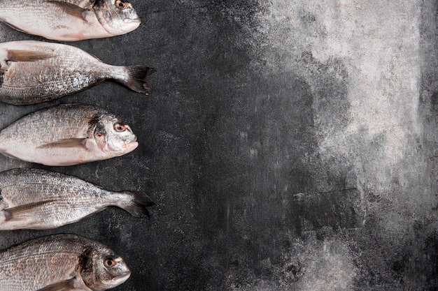 Vista superior de pescado en un lado con espacio de copia de ingredientes