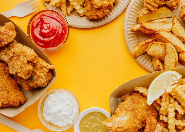 Foto gratuita vista superior de pescado y patatas fritas con espacio de copia y salsas