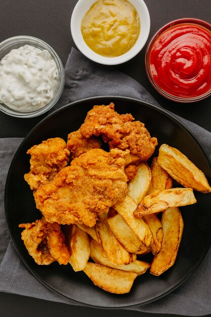 Vista superior de pescado y patatas fritas en un plato con salsas