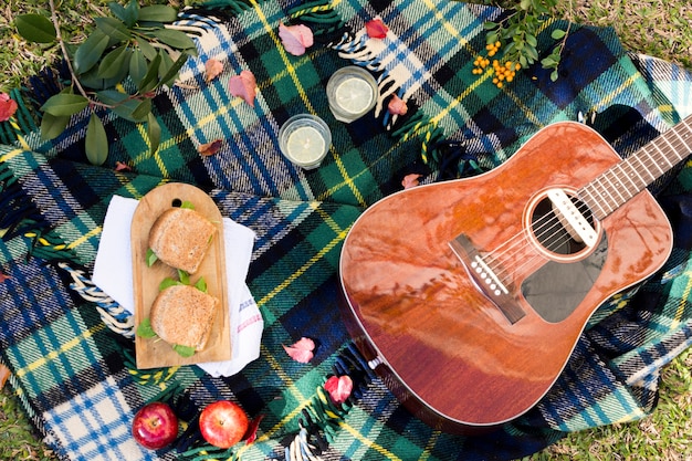 Vista superior de picnic con guitarra acústica