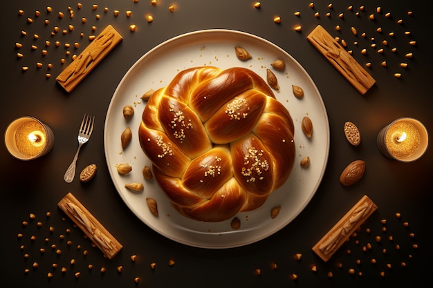 Vista superior del plato de challah para Hanukkah