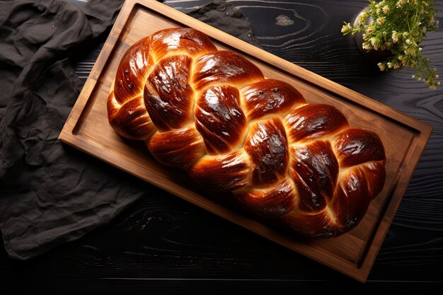 Vista superior del plato de challah para Hanukkah