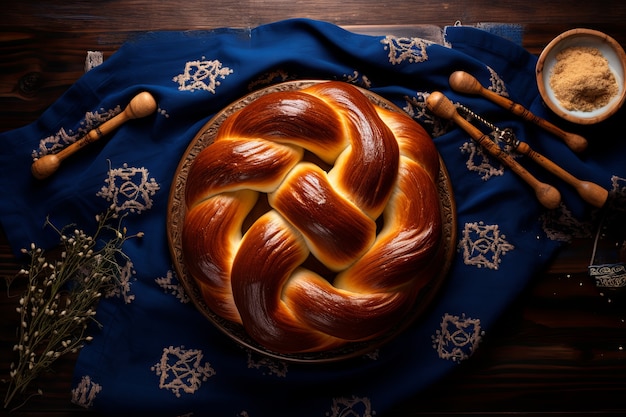 Vista superior del plato de challah para Hanukkah