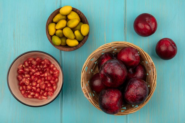 Foto gratuita vista superior de pluots frescos en un balde con semillas de granada en un recipiente con kinkans en un recipiente de madera sobre un fondo de madera azul