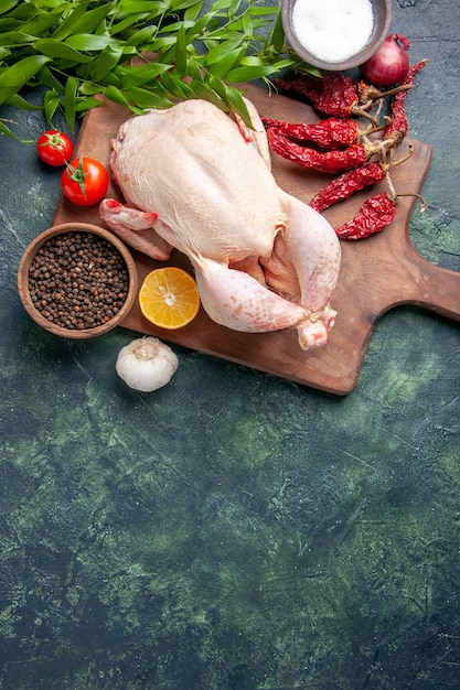 Vista superior pollo crudo fresco con tomates rojos sobre fondo azul oscuro comida de cocina foto de animal carne de pollo granja de color