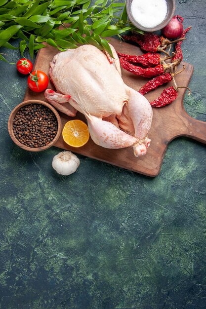 Vista superior pollo crudo fresco con tomates rojos sobre fondo azul oscuro comida de cocina foto de animal carne de pollo granja de color