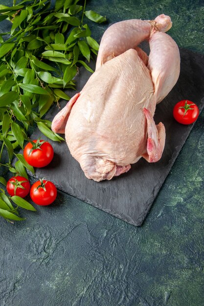 Vista superior de pollo crudo fresco con tomates rojos sobre fondo oscuro, comida de pollo, carne de animales, foto, color, comida, cocina