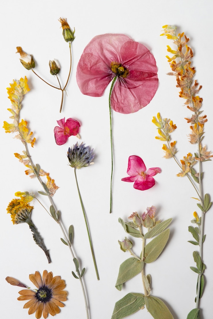 Foto gratuito vista superior prensa de flores con fondo blanco.