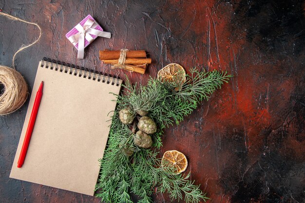 Vista superior de ramas de abeto y cuaderno espiral cerrado con bolígrafo regalo de limas canela en el lado derecho sobre fondo oscuro