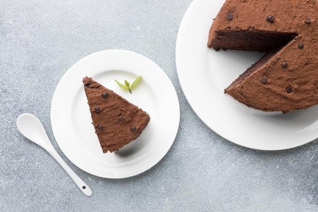 Foto gratuita vista superior de la rebanada de pastel de chocolate con cuchara y menta