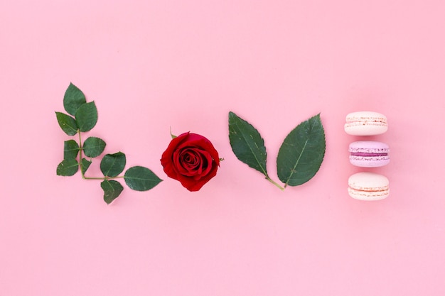 Foto gratuita vista superior de rosa con macarons para el día de san valentín