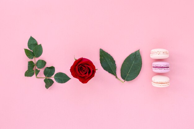 Vista superior de rosa con macarons para el día de san valentín