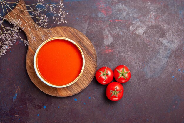 Vista superior de la sabrosa sopa de tomate con tomates frescos en la oscuridad